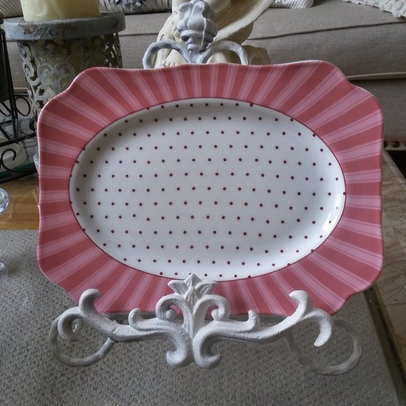 Shabby COTTAGE CHIC PRETTY Polka DOT Ceramic TRAY - Picture 1 of 3